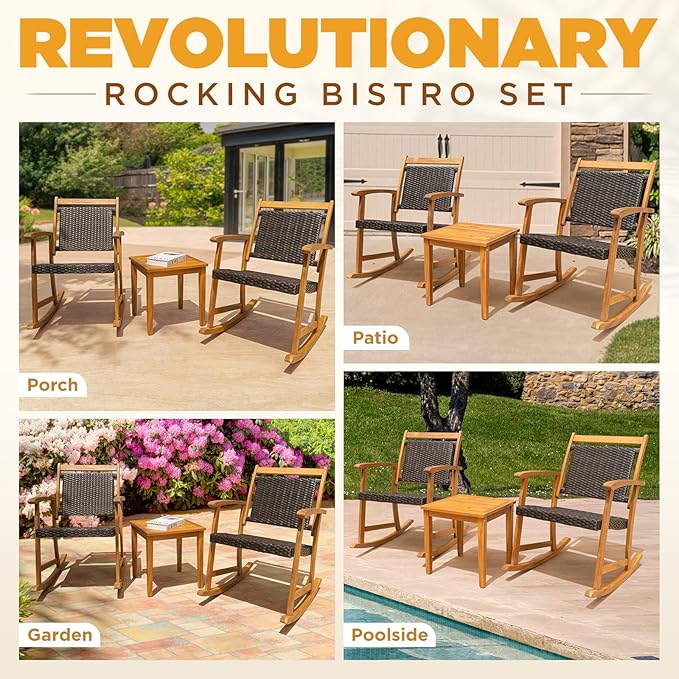 Solid Wood Wicker Rocking Chairs Set of 2 with End Table