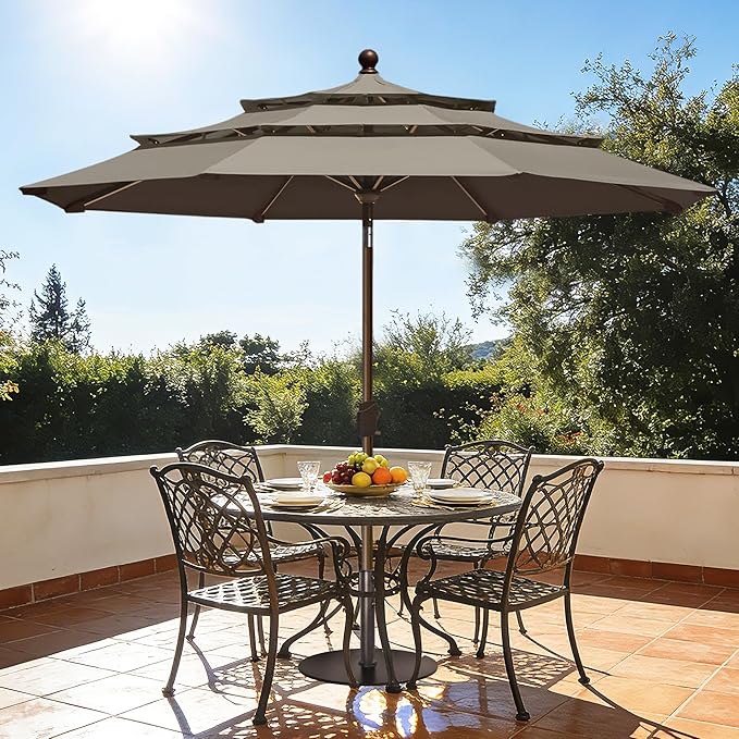 EliteShade USA 10-Year-Non-Fading 10ft 3-Tier Market Patio Umbrella, Commercial Grade Outdoor Table Umbrella with Crank Open, Windproof & UPF 50+ UV Protection, Heavy Duty Ventilation for Garden, Deck, Pool, Backyard, Beach & Bistro, Taupe