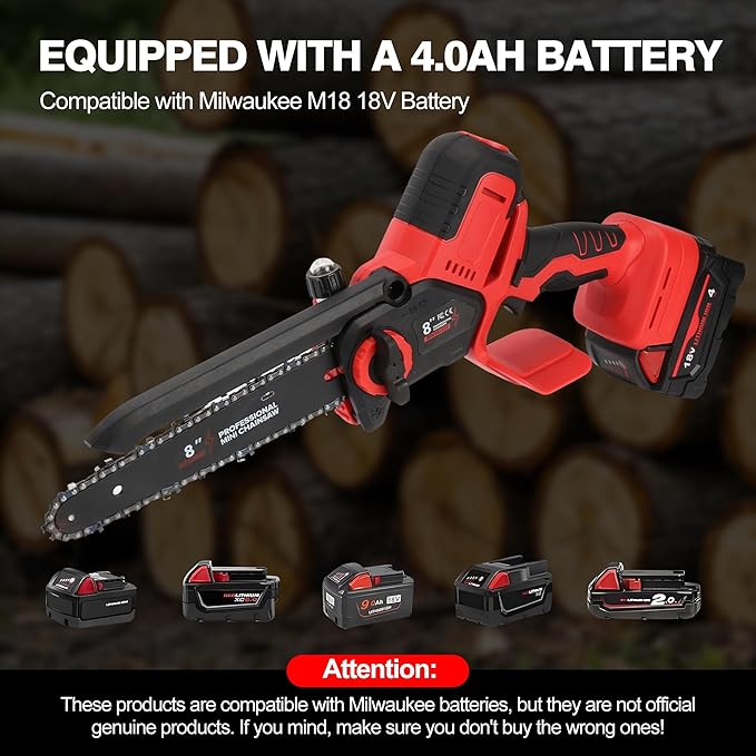 2026 Upgraded 8-Inch Brushless Cordless Chainsaw with 6-Inch & 8-Inch Guide Plates, Compatible for Milwaukee M18 18V Battery (4.0Ah Included), Tool-Free Chain Tensioning & Automatic Lubrication System