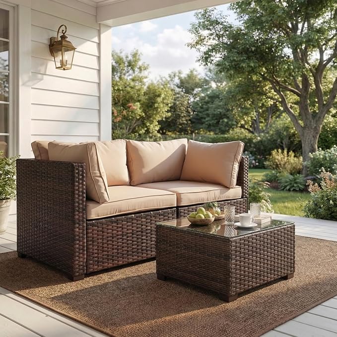 3 Pieces Patio Furniture Set with Glass Table, Outdoor PE Rattan Sectional Sofa with Soft Cushions for Backyard, Porch, and Poolside (Beige, 3 PCS w/Table)