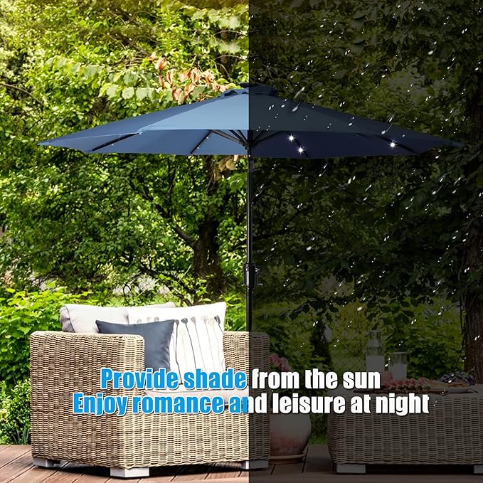 HERMOCE 9FT Solar Umbrella 32 LED Patio Umbrellas with Tilt and Crank,Table Market Outdoor Umbrella for Garden,8 Ribs