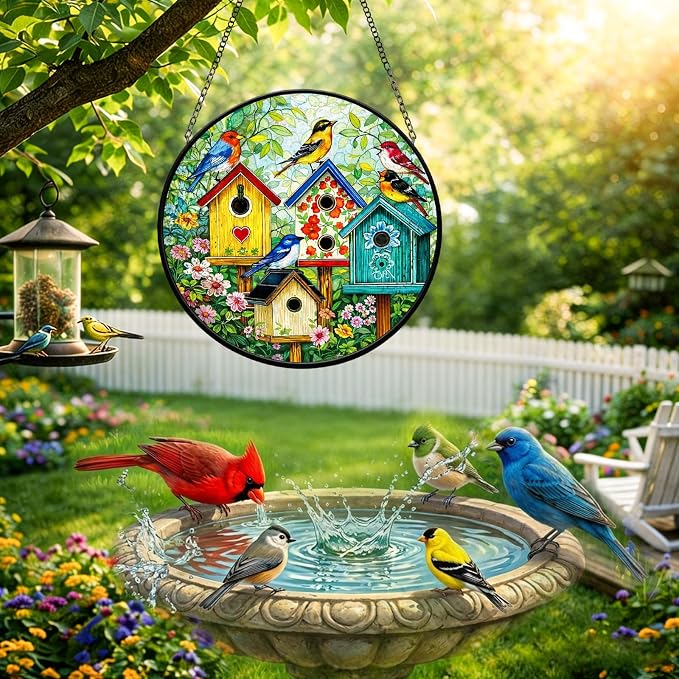 Stained Glass Window Hanging - 7.8 Inch Colorful Birdhouse Sun Catcher, Suncatcher Windows Hanging Wall Decor, Birthday Gifts for Bird Lovers, Women, Mom, Wife, Grandma and Family