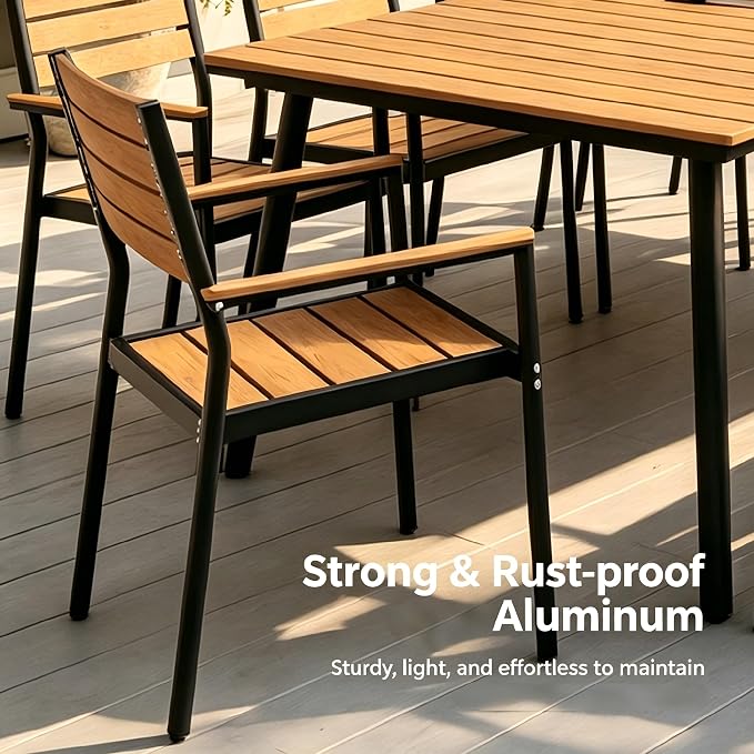 9-Piece Outdoor Dining Set for 8 Person with Teak Wood-Grain Top | Armrest Stackable Chairs with 19.4" Seat Depth, Aluminum Frame Dining Furniture with Umbrella Hole for Deck, Porch & Backyard