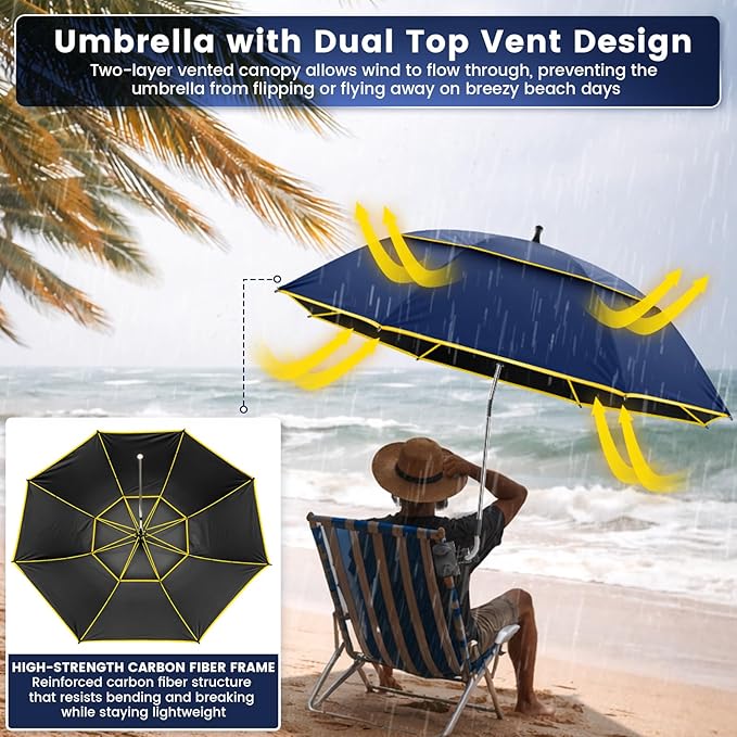 Chair Umbrella with Clamp,2PACK 53 inches Double Canopy Beach Chair Umbrella with Universal Clamp,50+ UV Protection,360° Swivel,Folding Clip on Sun Umbrellas for Table,Camping,Bench Chairs,Golf Cart