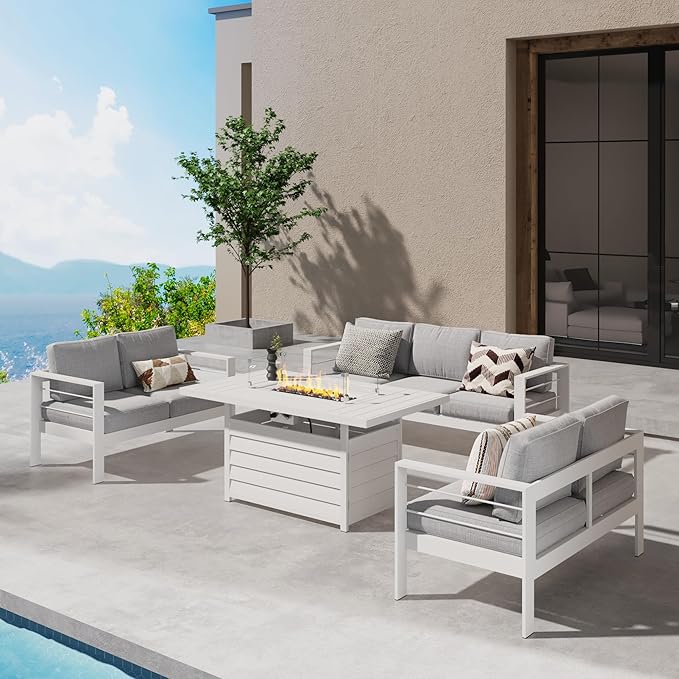 Wisteria Lane Aluminum Outdoor Patio Furniture Sets with Fire Pit Table, 4 Piece Metal Patio Conversation Sets Modern Outdoor Sofa Couch with Cushion, White