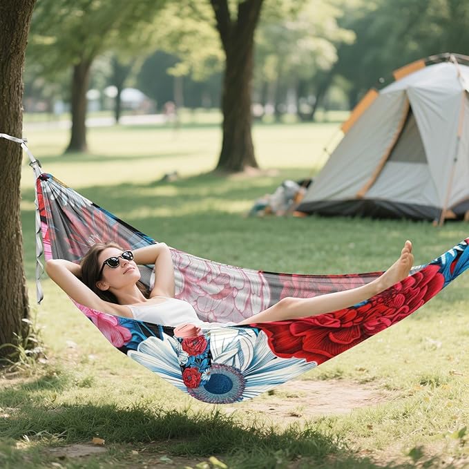Peonies and Daisies Red 330lb Capacity Hammocks with Hanging Rope Backyard Hammock for Outside Camping Essentials hamacas para adultos con soporte