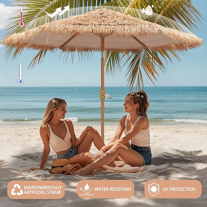 GDY 7.5ft Tiki Patio Umbrella, Outdoor Table Umbrella with Crank, Market Umbrellas for Garden, Beach, Deck, Backyard & Pool