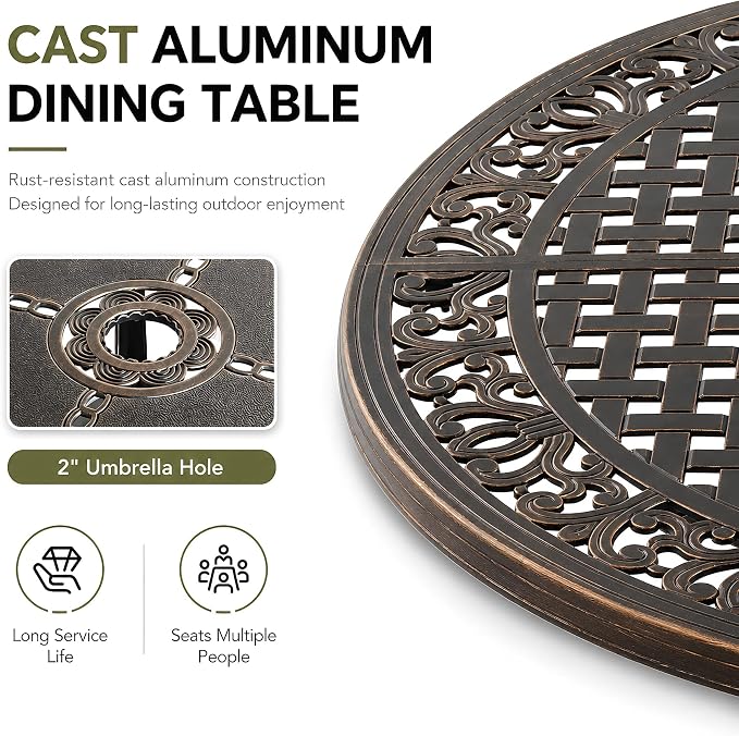 5 Piece Outdoor Dining Set Cast Aluminum, Retro Patio Dining Furniture Set for 4 Includes 54’’ Round Table 4 Chairs with Thicker Cushion and Umbrella Hole for Patio Deck Garden