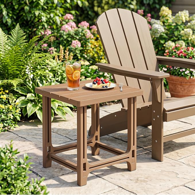 Tangkula Outdoor Adirondack Side Table, 18" Heavy Duty HDPE Patio End Table with Slatted Surface, 0-Screw Assembly, Easy Maintenance, Small Outdoor Side Table for Porch, Pool, Garden, Deck (2, Brown)