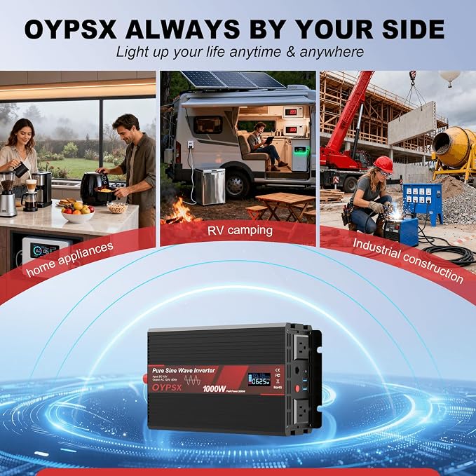 1000W Power Inverter 12V to 110V 120V AC Pure Sine Wave Inverter for RV Truck Camping,Outdoor Off-Grid Power Converter with LCD Display,Wired Controller,AC Outlets USB Ports (12V-1000Watt)