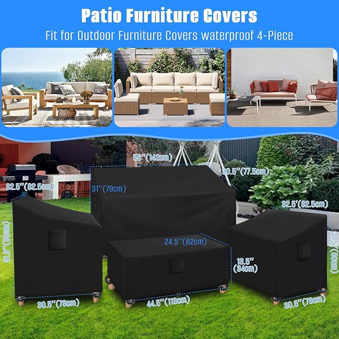 SIRUITON Patio Furniture Covers, Outdoor Furniture Cover Waterproof 4-Piece, Patio Furniture Set Covers, Heavy Duty Durable and Water Resistant Fabric (210D Polyester Oxford, Black)