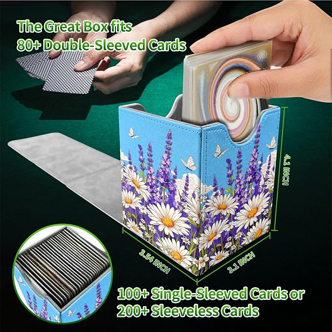 Blue Sky Lavender Card Deck Box for MTG, Personalized Card Storage Case Fits 120+ Sleeved Cards, Premium Leather TCG Box with Strong Magnetic Closure for Magic, CCG, PTCG, Baseball Cards