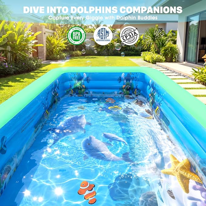 Extra Large Inflatable Pool With Lights,Upgraded Solar Powered Blow Up Pool For Adults,Inflatable Kids Swimming Pool with Seat& Backrest,Big Inflatable Kids Pool For Backyard,120x73x20IN-Green