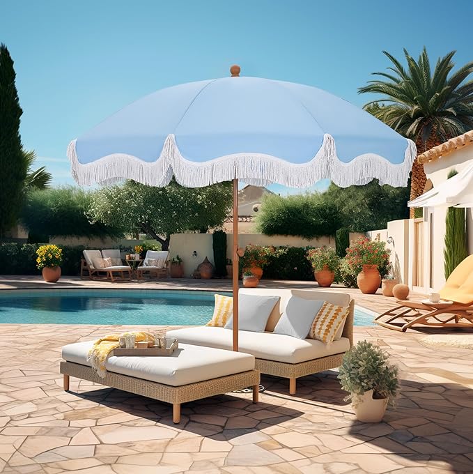 HERA'S PALACE 7ft Heavy Duty Beach Umbrella with Sand Anchor, Fringe Umbrella for Sand, UV 50+, Patio Umbrella with Tilt Pole for Garden Pool Backyard