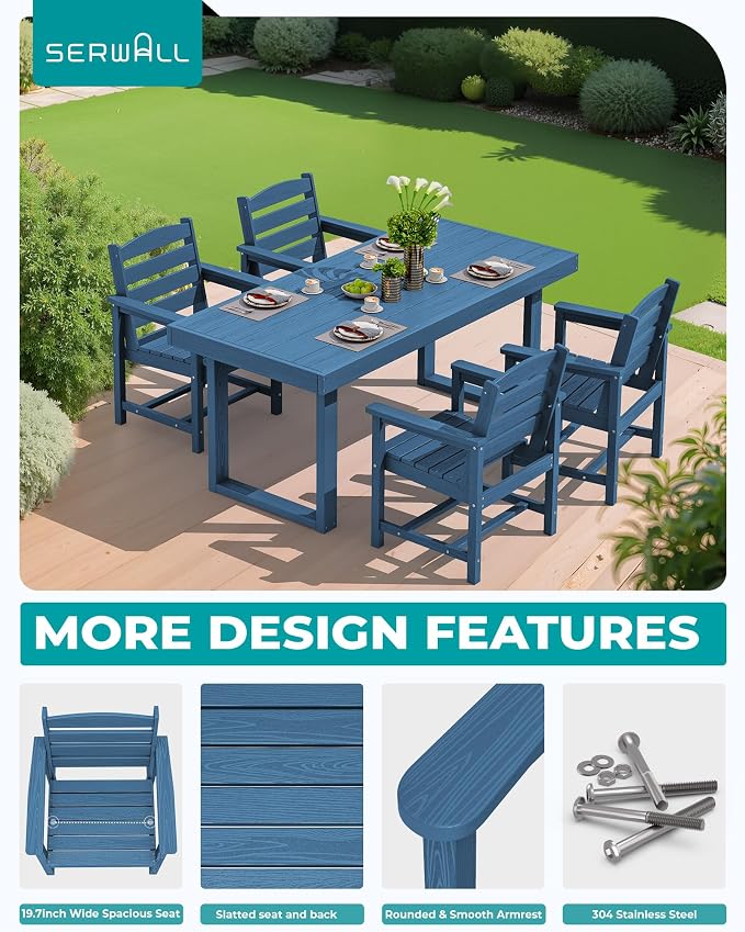 SERWALL HDPE Outdoor Dining Set for 4, 67'' Patio Table and Chairs Set | with Armchair Seat