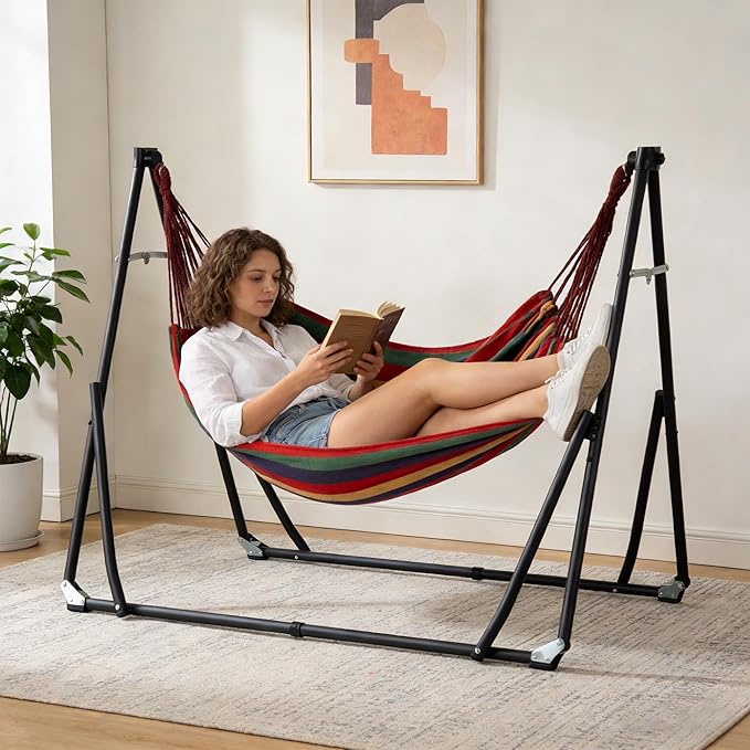 SogesPower 2 in 1 Hammock with Foldable Steel Stand & Carrying Bag,Portable Hammock Swinging Chair for Outdoor Patio Garden Camping Apartment,Color Stripes