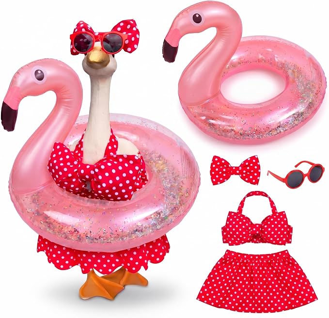 Abbylike Summer Bikini Porch Goose Outfits Hawaiian Goose Clothes Fits 23" H Cement Plastic Statue with Hat Sunglasses & Swimming Ring for Outdoor Garden Lawn Patio Yard Decor(Flamingo)
