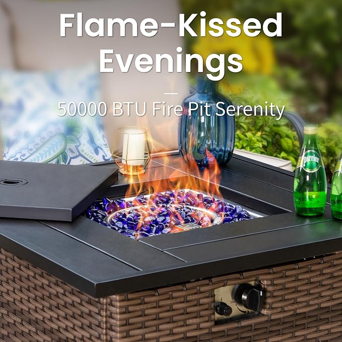 Outdoor Patio Furniture Set with 32" Fire Pit Table, 6 Pieces Heavy-Duty Metal Conversation Sets, Wicker Modern Sofa Set for Patio, Balcony, Backyard, Deck, Poolside