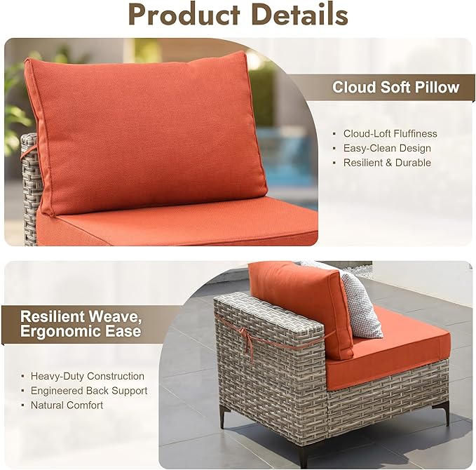 5 Pieces Patio Furniture Set with Solar Light Coffee Table, All-Weather Rattan Outdoor Sectional Conversation Sets L Shaped Sofas for Outside Porch Balcony Backyard Coarse Stripes Red