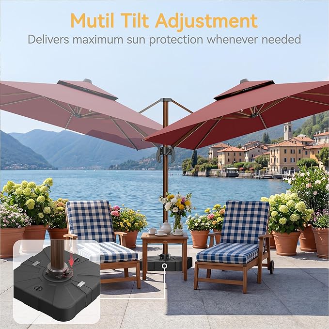 10x13 FT Wood Pattern Patio Umbrella with Base, Large Deluxe Cantilever Rectangular Double Top Heavy Duty Offset Umbrellas with 360° Rotation, Outdoor shade for Garden Pool Patio, Red