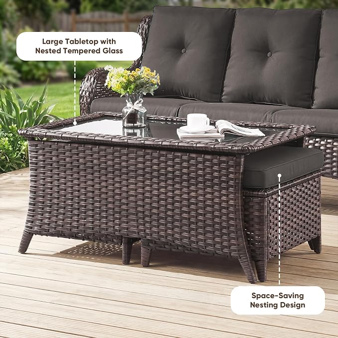 Belord 4 Piece Patio Wicker Furniture Set, Outdoor Swivel Rocker Chairs, All Weather Outdoor Patio Loveseat with Cushion and Coffee Table for Deck Porch, Brown Wicker/Gray