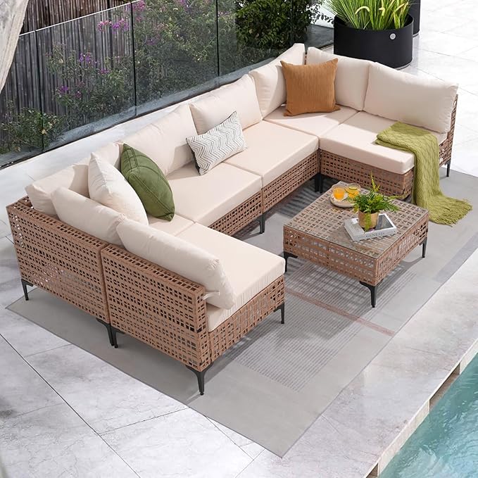 Patiorama 7 Piece Wicker Patio Furniture Set, Natural-Colored PE Rattan Outdoor Conversation Set Sectional Sofa with Water Resistant Cushion and Glass Table, Outdoor Couch, Porch, Backyard-White