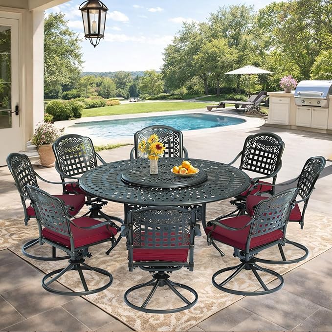 VIVIJASON 9-Piece Outdoor Furniture Dining Set, Rust-Free Cast Aluminum Patio Conversation Set, Include 8 Swivel Dining Chairs & 61" Round Dining Table with 31" Lazy Susan, Umbrella Hole, Red