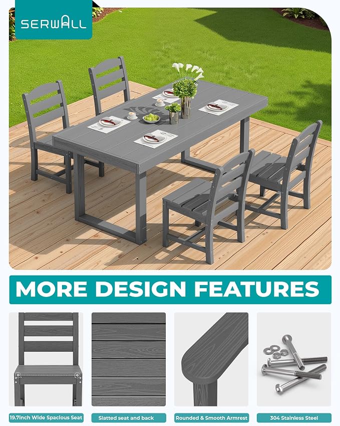 SERWALL HDPE Outdoor Dining Set for 4, 67'' Patio Table and Chairs Set | with Armless Seat