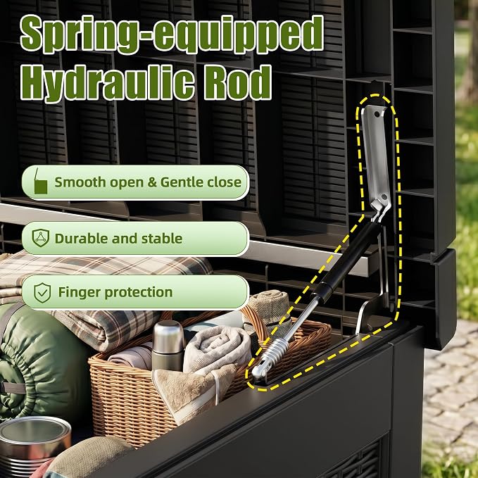 320 Gallon Storage Box, Deck Box, Large Storage Box, Waterproof &Resin with Hydraulic Rods Connected, For Patio, Lawn, Outdoor& Indoor Use Black