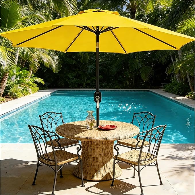 9FT Patio Umbrella Outdoor Table Market Umbrella with Push Button Tilt & Crank, 8 Sturdy Ribs Waterproof UV Protection Fade-Resistant for Garden, Deck, Backyard, Pool