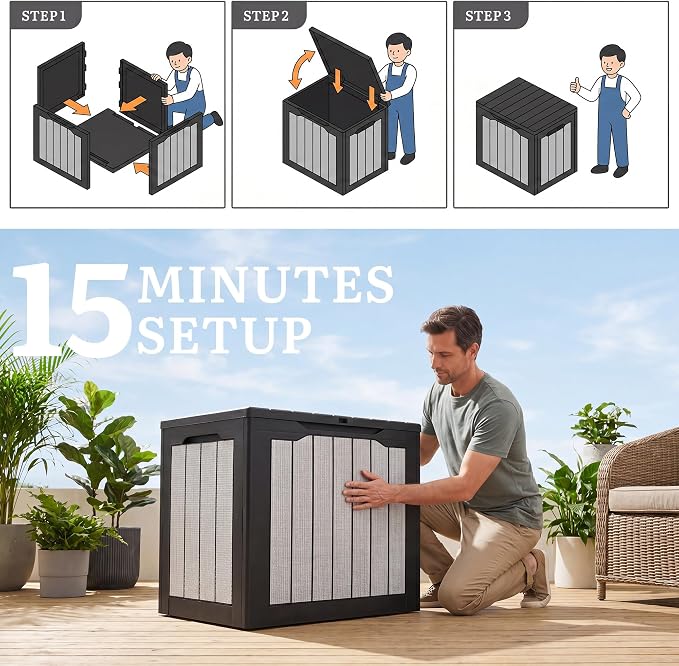 YITAHOME 30 Gallon Deck Box, 2-Pack Waterproof Resin Outdoor Storage Box with Lock, Doubles as Bench Seating for Patio Furniture Cushions,Garden Tools & Pool Accessories, Black & Gray