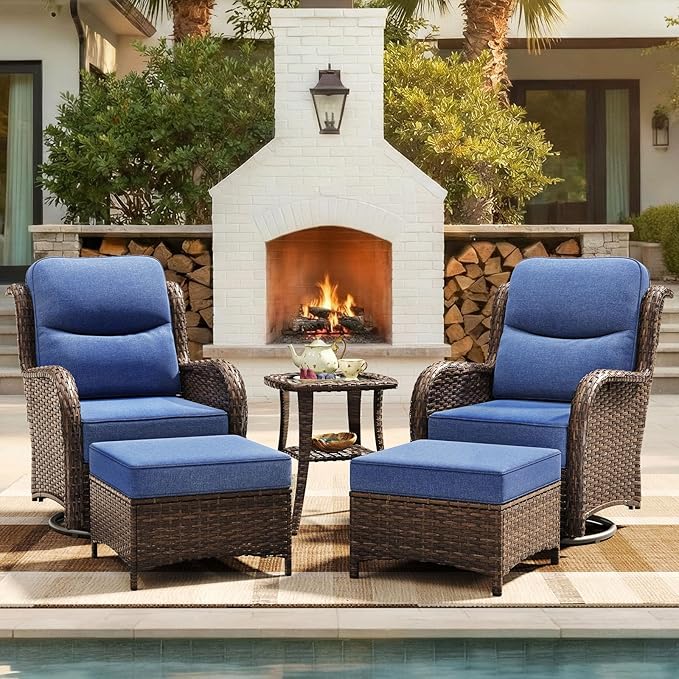 HILLGA Luxury Patio Furniture Set with 6-inch Thick Cushion, Outdoor High Back Swivel Rocker Patio Chairs, 5PCS Wicker Conversation Set for Deck Yard and Poolside, Blue (V2)