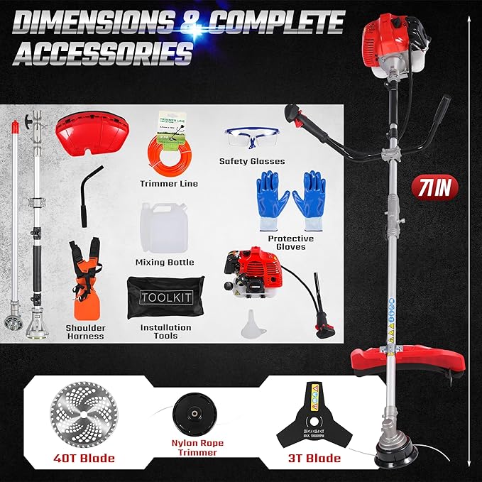 3-in-1 52cc 2-Cycle Weed Wacker Gas Powered, 18" Cutting Path Gas String Trimmer/Edger, 10" 3T/40T Gas Brush Cutter with Shoulder Strap, Powerful Weed Eater Grass Trimmer for Lawn Care
