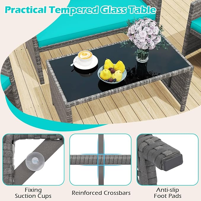 RELAX4LIFE 8-Piece Patio Furniture Set - Wicker Rattan Outdoor Sectional Sofa Set w/Glass Coffee Table, Loveseat, Chairs & Soft Cushions, Bistro Conversation for Garden Porch (2, Grey-Turquoise)
