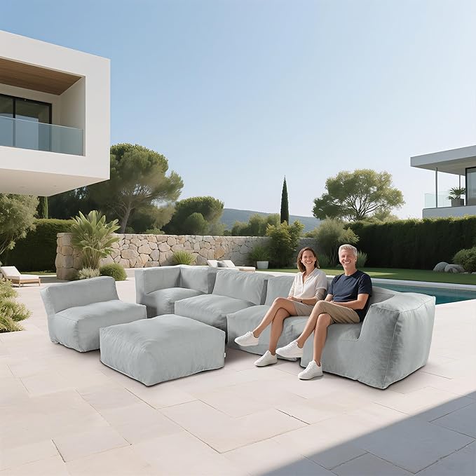 Patio Furniture Set, 6 Pcs Outdoor Conversation Set with Bean Bag Middle Chairs, Corner Chair, Ottomans, Modern Foam Couch Set for Garden, Deck, Balcony (6, Light Gray)