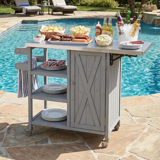 Fold-able Outdoor Storage Box with Stainless Steel Worktop, Fir Wood Patio Storage Cabinet with Lockable Wheels and Towel Rack, 40 Inch Deck Box for Grilling and Garden Tools, Grey
