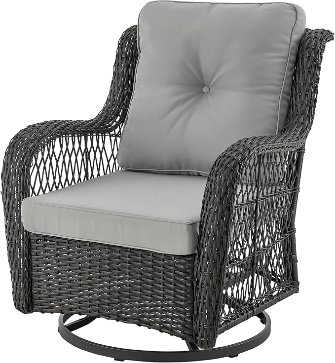 Manhattan Comfort Fruttuo 3-Piece Patio Conversation Set, Swivel Steel Rattan Chairs with Removable Cushions & Tempered Glass End Table, Weather-Resistant Outdoor Furniture for Backyard & Porch, Grey