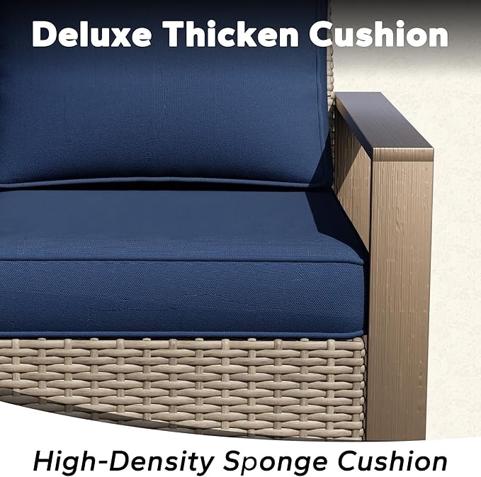 4 Pieces Patio Furniture Set with Wicker 75" Sofa, Two Armchairs, One Coffee Table, All Weather Outdoor Conversation Furniture Set with Metal Armrest & Removable Cushions for Deck, Dark Blue