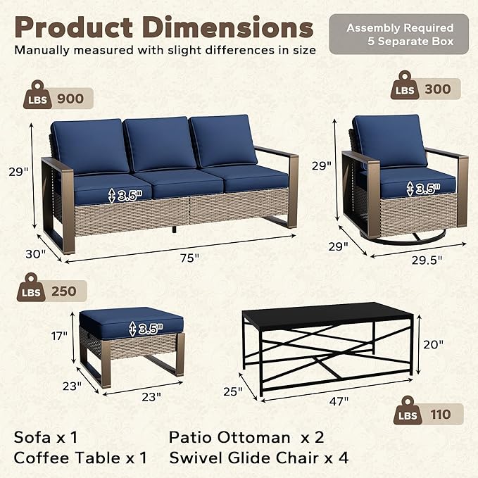 8 Pieces Metal Wicker Patio Furniture Set - 75" Sofa, Four Swivel Chairs and Two Ottomans, One Coffee Table All Weather Rattan Outdoor Conversation Furniture with Washable Cushion for Deck, Dark Blue