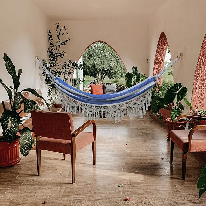 Boho Macrame Hammock with Elegant Tassels for Patio, Yard, Beach Wedding Decor, Outdoor and Indoor Up to 450lbs Include Tie Ropes and Drawstring Bag