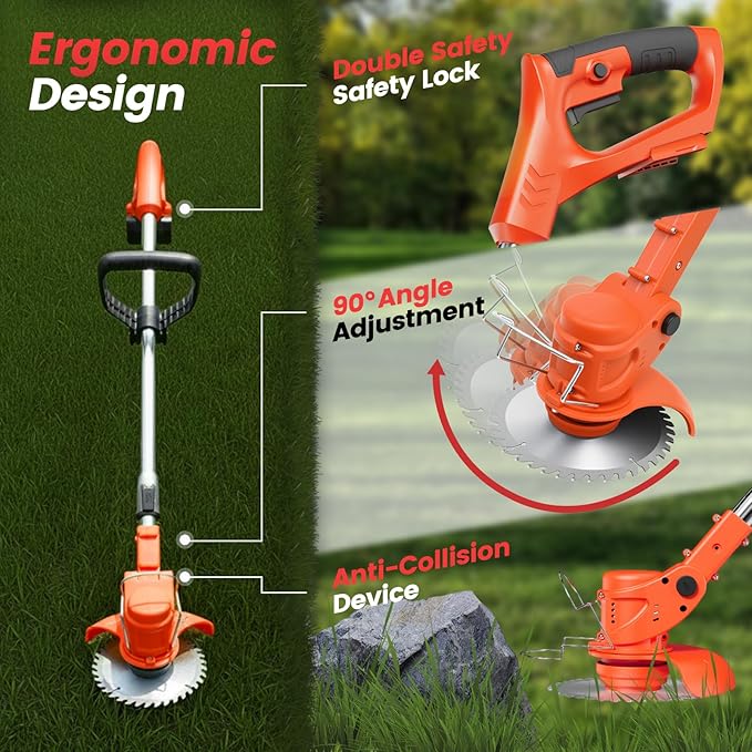 Cordless Weed Wacker, Stringless Electric Weed Eater & Lawn Edger with 2x2000mAh Battery. Lightweight Weed Cutter/Grass Cutter, 5 Different Blades & Wheels,Suitable for Garden Yard Trimming