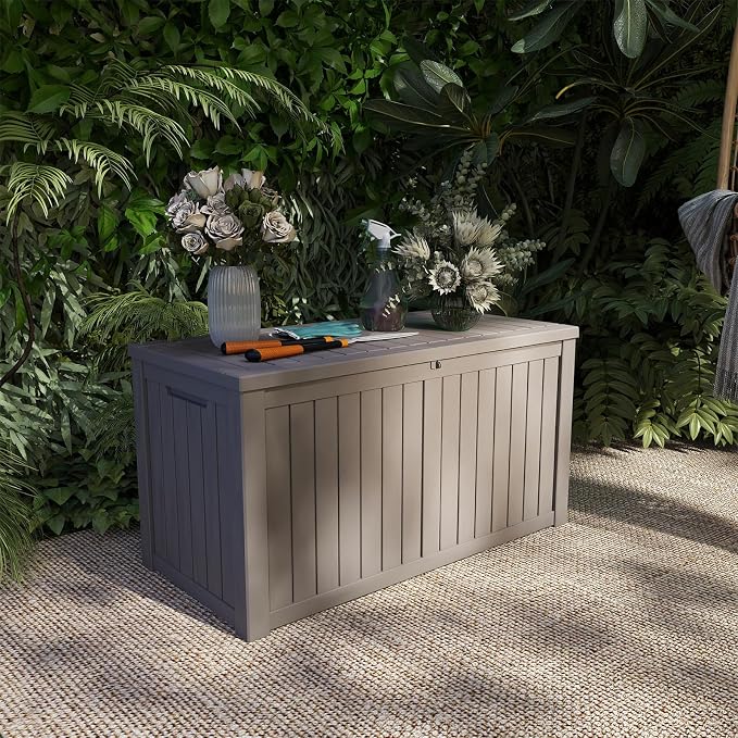FEFLO 150 Gallon Outdoor Storage Box, Waterproof & Dustproof Resin Deck Box | UV-Resistant & Lockable Lid, Heavy-Duty Weatherproof Outside Storage Box for Patio Cushions, Garden Tools, Pool Accessories