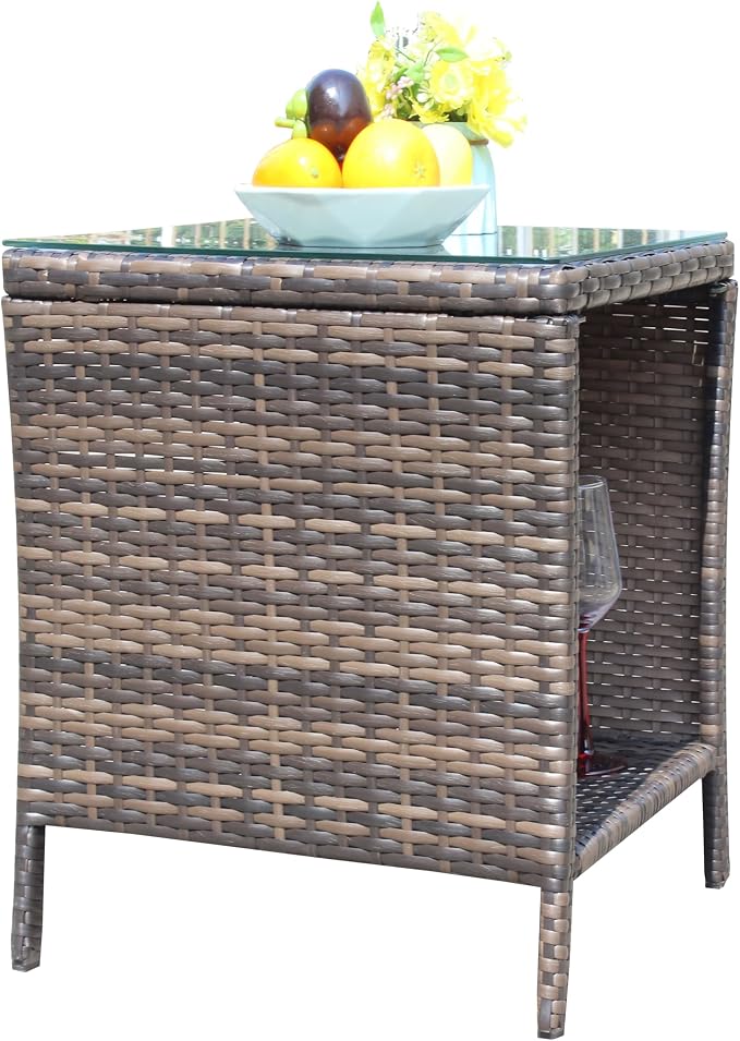 Wicker Rattan Side Table, Outdoor Square Rattan Coffee End Table with Tempered Glass Top and Storage for Patio Porch Lawn (B-Brown)
