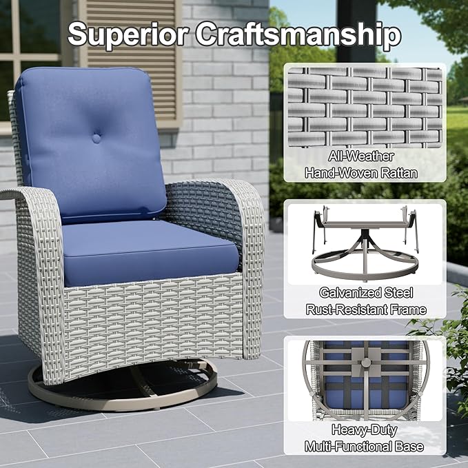 10-Piece Outdoor Patio Furniture Set, Modular Sectional Sofa Set with Swivel Rocker Chairs & Fire Pit, Wicker Outdoor Couch Conversation Sets w/Coffee Table and Cushions, Blue