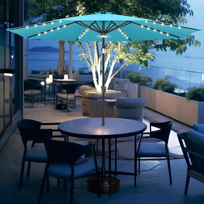 FLAME&SHADE 9 ft Patio Umbrella with Solar Lights, 40 LED Lighted Table Outdoor Umbrella for Deck, Pool, Porch, Backyard, Market, Garden, 8 Sturdy Ribs, UV Protection, Aqua Blue