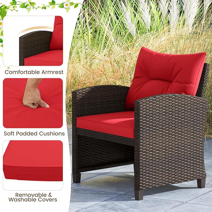 ORALNER 5 Pieces Patio Furniture Set with Ottoman, Wicker Conversation Set w/Cushions, Glass Coffee Table, Outdoor Rattan Lounger Chairs Bistro Set for Porch Balcony Garden Deck Poolside (Red)