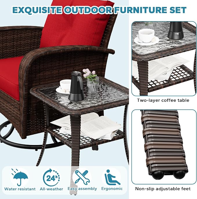3 Pieces Conversation Furniture Set of Patio Swivel Rocking Chairs and End Table, Wicker Rattan Outdoor Set with Washable Cushions for Backyard, Poolside, Sunroom (Red)