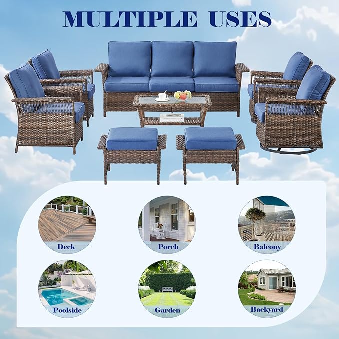 Outdoor Patio Rocking Swivel Chairs - 3PC Wicker Patio Bistro Rocker Chair Set,Rattan Glider Chair with Sturdy Frame,All-Weather PE Wicker and Cushions,1 Side Table for Deck Porch Balcony(Brown/Blue)