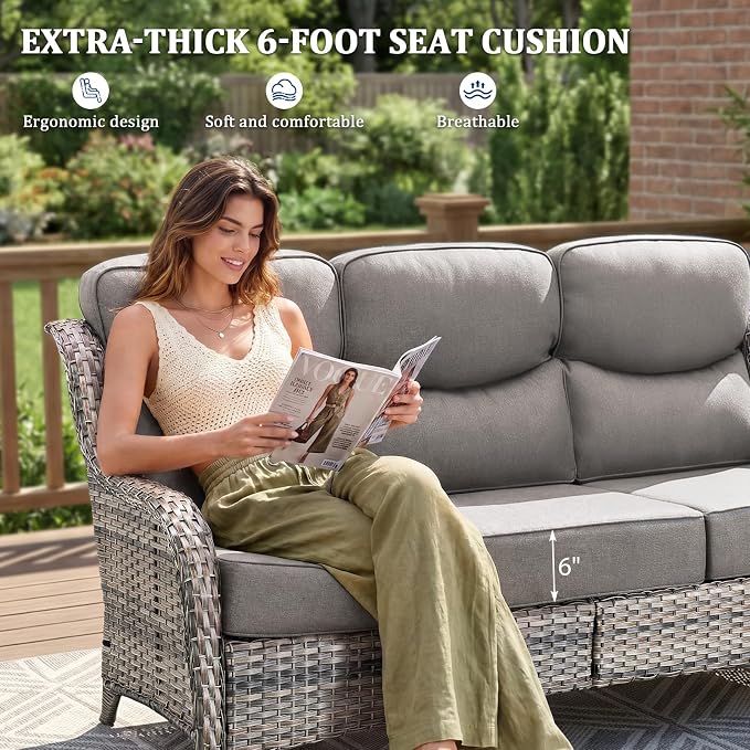 Luxury Swivel Rocker Chairs Fire Pit Set with 6" Thick Cushion 8 piece Wicker Outdoor Patio Chair with Sofa and Side Table,Comfortable High Back Outdoor Patio Furniture Set - Gery | Gery