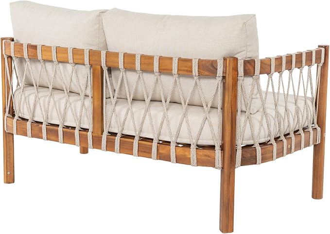 Christopher Knight Home Haven Acacia Wood Outdoor Loveseat and Coffee Table Set, 2 Piece Patio Furniture Set with Water-Repellent Cushion, Solid Wood Outdoor Conversation Set, Beige+Teak